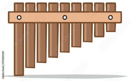 Wooden pan flute music instrument, hand drawn traditional andean wind music, art style icon or logo for stock material