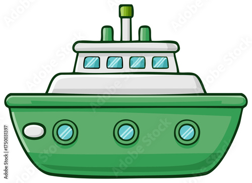 Cute green cartoon boat with a white cabin and windows, vector illustration isolated.