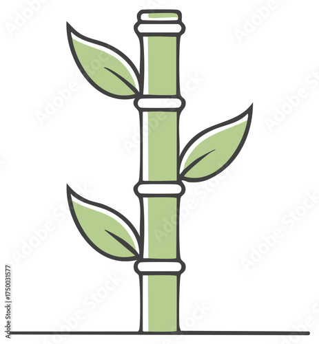 Green Bamboo Stalk Illustration with Leaves, Minimalist Design, Nature and Oriental Theme