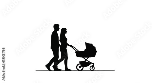 Silhouettes of parents walking together, pushing a baby stroller on a bright day.