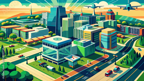 Very beautiful drone view of green streets and modern buildings in Tysons Corner, Fairfax County, Virginia, vector-style cityscape showcasing urban growth and elegance.