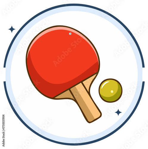 Table tennis equipment in a round frame, illustration of ping pong racket and ball.