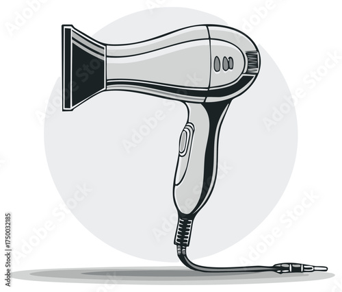 Stylized illustration of a modern, grey electric hairdryer with a black nozzle and cord