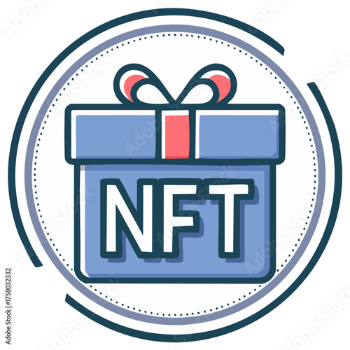 NFT Gift Box Illustration with Bow and Circular Frame, Digital Art