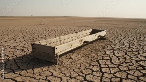 Dry cracked landscape with abandoned wooden trough