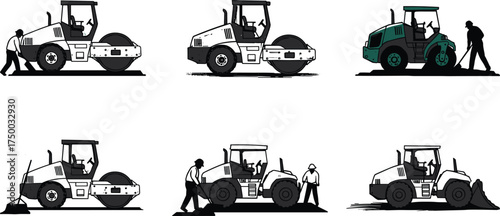 Road roller construction vehicles with workers on asphalt site, heavy machinery illustration, road building process, engineering equipment, industrial development
