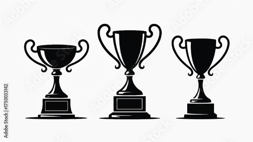 Three black trophy cups with handles and bases award prize