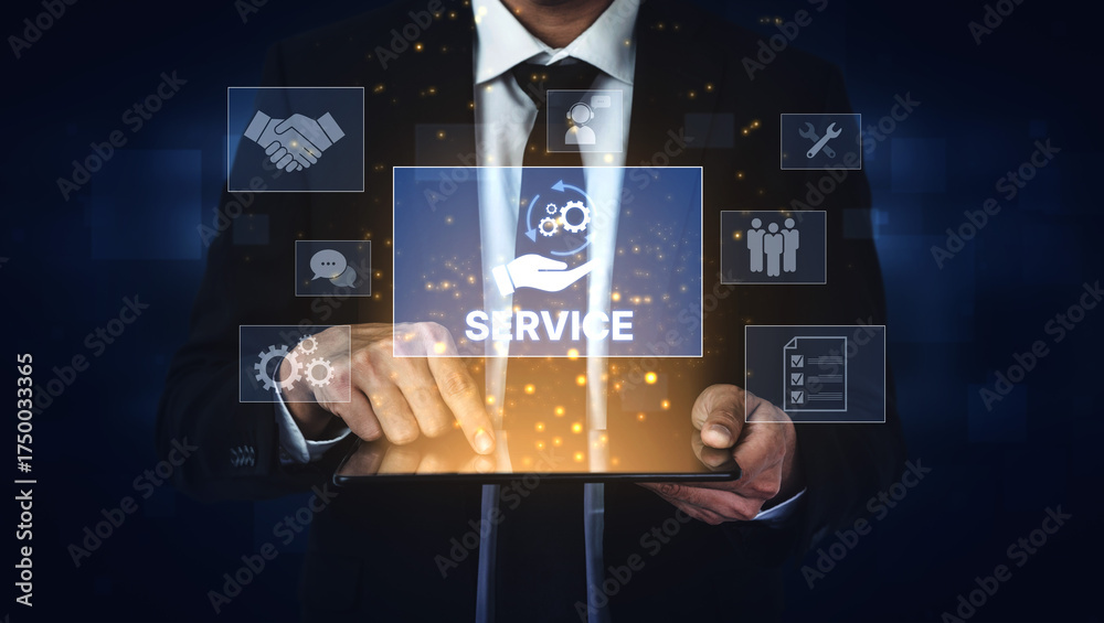 Obraz premium Customer service and support workflow with cooperation, communication, maintenance, and checklist icons for efficient service operation and user satisfaction Vouch