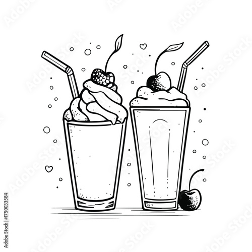 Monochrome hand-drawn milkshake and soda illustrations