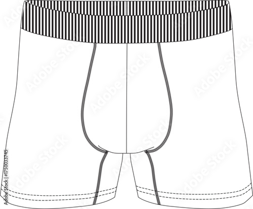 Technical flat sketch of men's boxer shorts with elastic waistband. Detailed black and white vector fashion illustration showing front view with stitching and seam lines. Perfect for apparel design, c