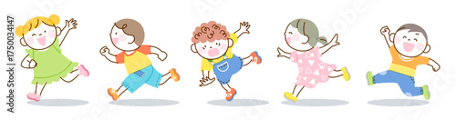元気に笑顔で走る子どもたちのイラスト(一列バージョン)