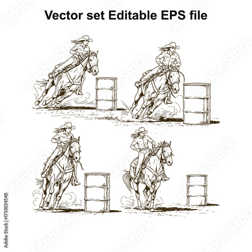 Vector art of a collection of four handdrawn vector illustrations of female barrel racers skillfully maneuvering horses around barrels during a rodeo competition, isolated on a