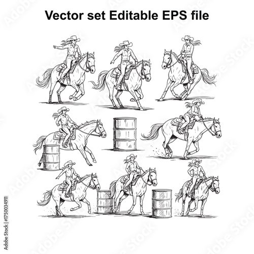 Vector art of vector set of rodeo cowgirls riding horses and barrels, , editable eps file, handdrawn sketch style, dynamic poses, western sport illustration, equestrian action