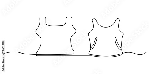 Set of drawing of hands holding hoodie, t shirt, tank top, jacket, and sweater in continuous one line drawing style. Clothing, fashion, top concept. Editable line. Vector illustration