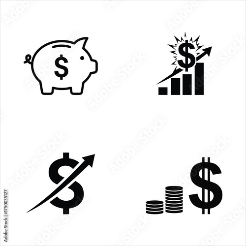 Financial growth and savings icons set piggy bank bar chart dollar sign coin stack