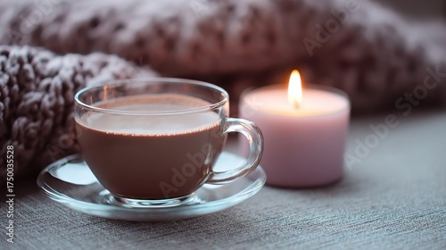 Aromatic candle and cup of cocoa glowing in soft light, cozy atmosphere, close up scene