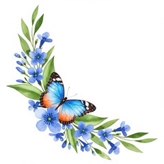 Beautiful watercolor illustration of a blue butterfly resting on a delicate arrangement of blue flowers and green leaves