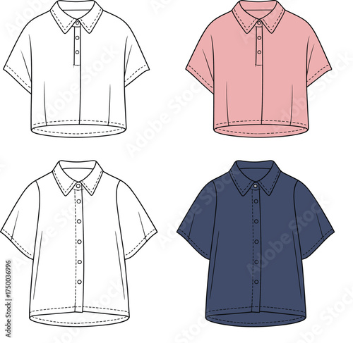 Collared short sleeve blouse front view, fashion cad flat drawing, vector technical sketch, button down shirt top, color and outline