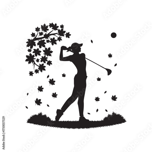 golfer mid swing in autumn vector silhouette clip art logo design illustration