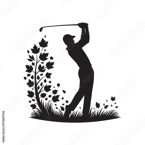 golfer mid swing in autumn vector silhouette clip art logo design illustration