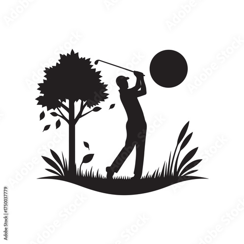 golfer mid swing in autumn vector silhouette clip art logo design illustration