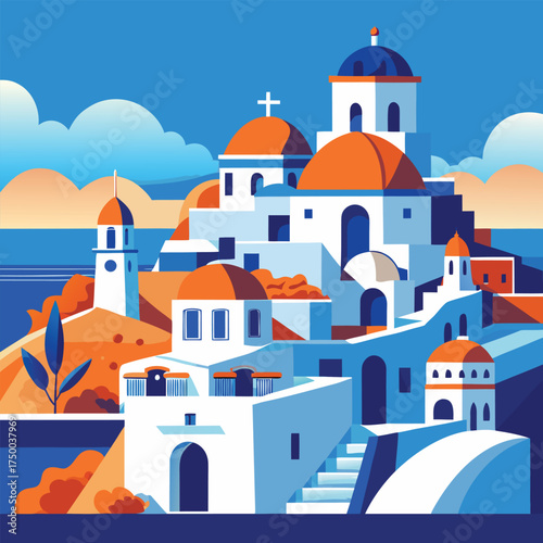 Charming greek island village with white buildings and blue domes