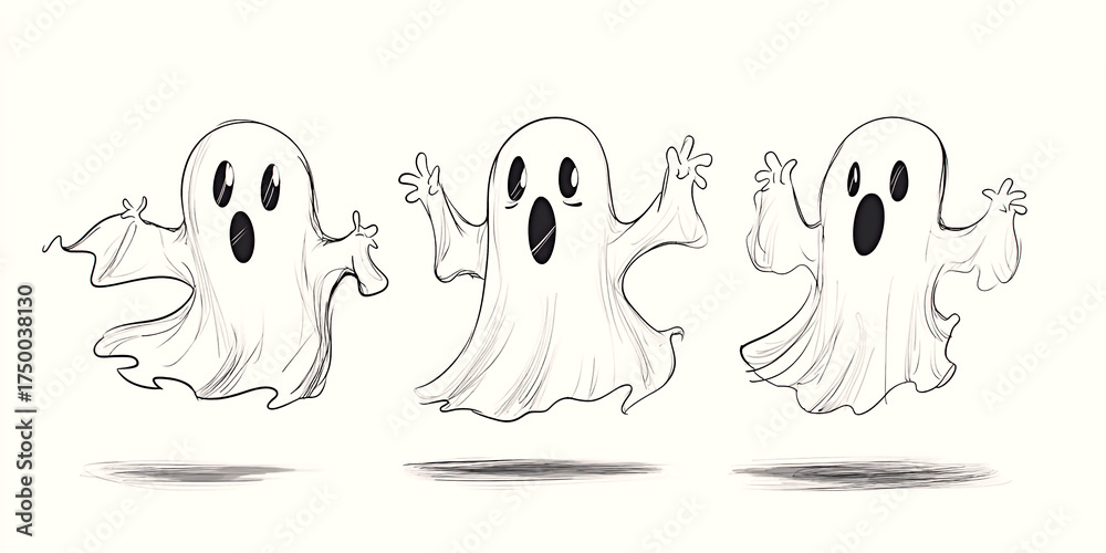 Obraz premium AI Generated - Three cartoon ghosts in different poses on a white background. Commercial illustration artwork for business applications. High-resolution. Premium quality. Professional grade. Detailed.