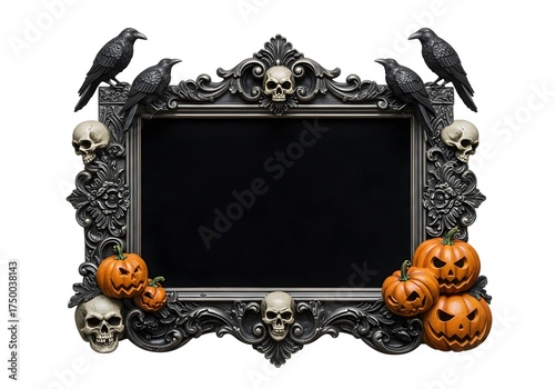 Ornate gothic frame with ravens, skulls and pumpkins creating a sophisticated dark Halloween design for elegant invitations.