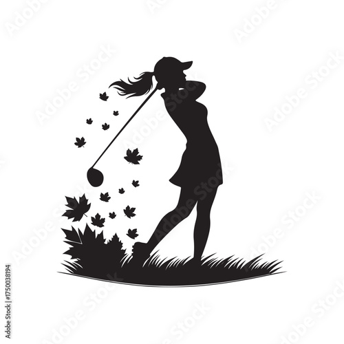 golfer mid swing in autumn vector silhouette clip art logo design illustration
