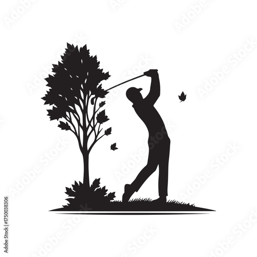 golfer mid swing in autumn vector silhouette clip art logo design illustration