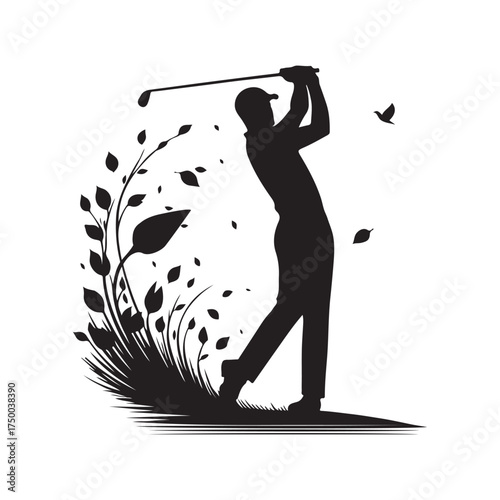 golfer mid swing in autumn vector silhouette clip art logo design illustration