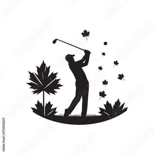 golfer mid swing in autumn vector silhouette clip art logo design illustration