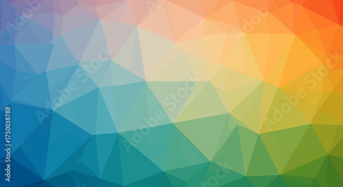 Abstract low-poly geometric background with a vibrant rainbow color gradient.