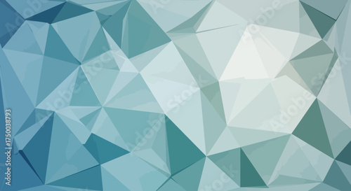 Abstract low-poly geometric background with a mosaic of blue, green, and white triangles creating a modern faceted design.
