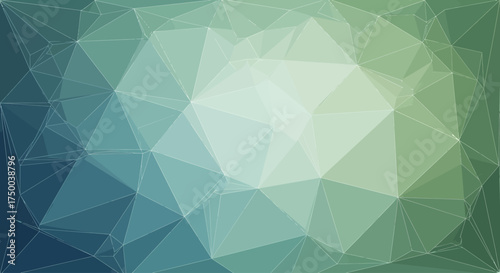 Abstract low-poly geometric background with a gradient of blue and green triangles and a central light area.