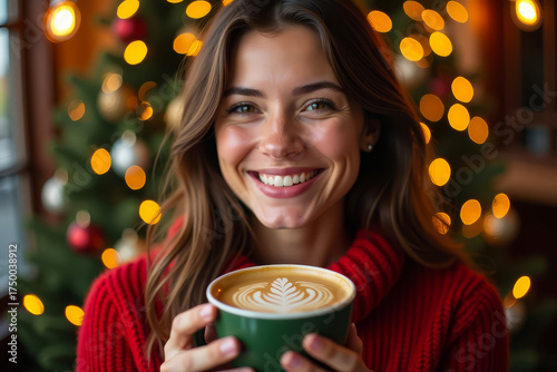 Cozy woman drinking coffee near Christmas tree. Relaxed holiday morning at home. Smiling young woman with hot drink.