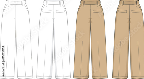 Flat front tailored pants fashion sketch, vector illustration, front and back view, classic fit trousers with pocket design, cad drawing