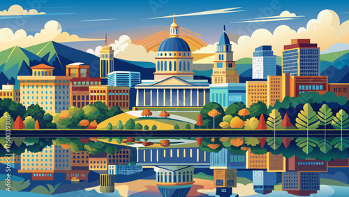 Very beautiful Charleston, West Virginia State Capitol and skyline along the Kanawha River, vector-style panoramic landscape highlighting reflections and civic pride.