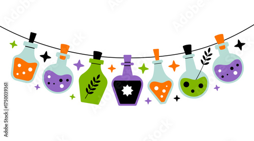 Magic potion bottles garland. Cute poison collection. Halloween spooky elements. Halloween cartoon character. Witchcraft theme, minimal design, magical aesthetic for greeting card, poster, banner
