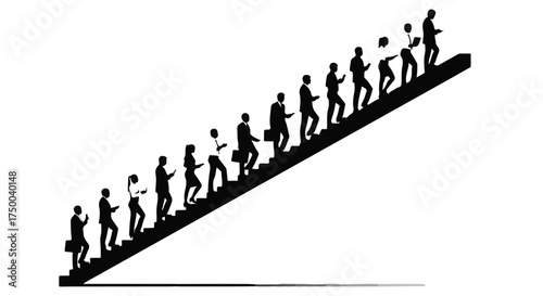 Silhouettes of diverse people climbing an upward escalator, symbolizing progress and ambition