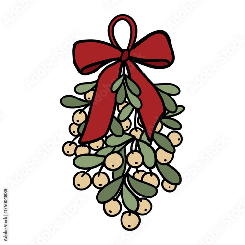 Hand-drawn doodle illustration of mistletoe with a red bow — a romantic Christmas symbol of love and holiday wishes. Perfect for festive cards, decor, posters, and seasonal designs.
