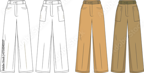 Flat vector fashion sketch of wide-leg pants with front and cargo pockets, high waist design, digital CAD drawing illustration