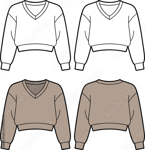Flat vector front and back view of cropped V-neck sweatshirt, long sleeve fashion design, CAD sketch, digital clothing illustration