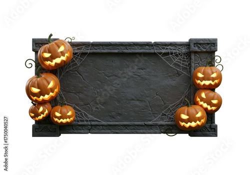  Dark stone frame with glowing jack-o-lanterns creating a gothic Halloween atmosphere perfect for horror themed designs and invitations.