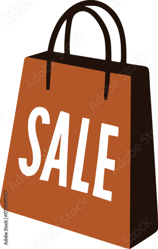 A brown and orange shopping bag illustration with the word “SALE” written in bold letters, representing retail discounts, offers, and promotions.