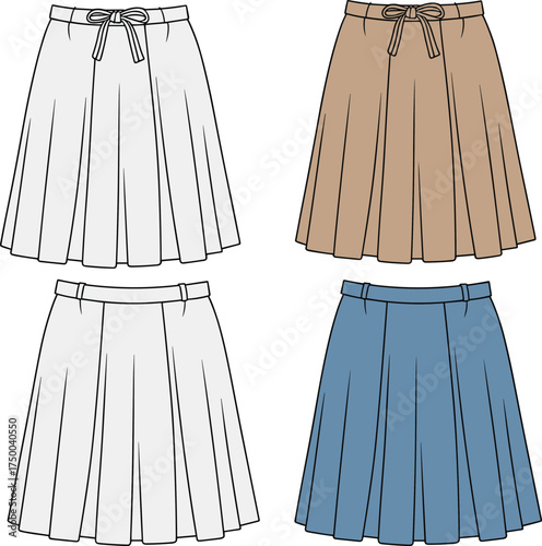 Flat vector front view of pleated midi skirts with waistband and bow tie, fashion CAD drawing, digital clothing template illustration