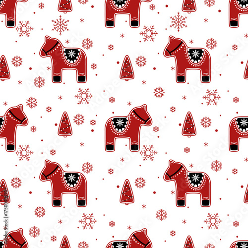 Ornament horses and snowflakes. Red and white seamless christmas vector pattern.