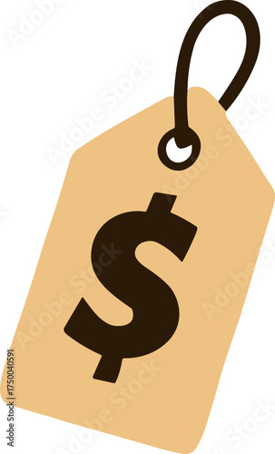 A beige price tag illustration with a bold black dollar sign, symbolizing cost, value, and product pricing in retail or commerce.