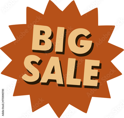 A bold vintage-style "BIG SALE" badge with beige 3D text on an orange starburst background, ideal for marketing, retail, and promotional materials.