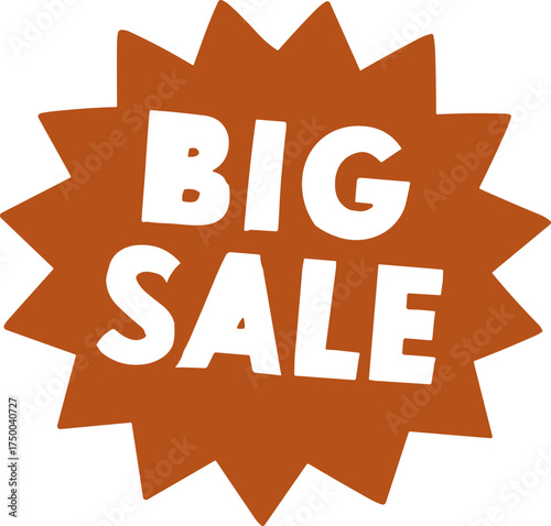 A bold “BIG SALE” badge in retro orange and black colors, designed as a starburst shape to highlight discounts, promotions, and special offers in vintage-style marketing visuals.